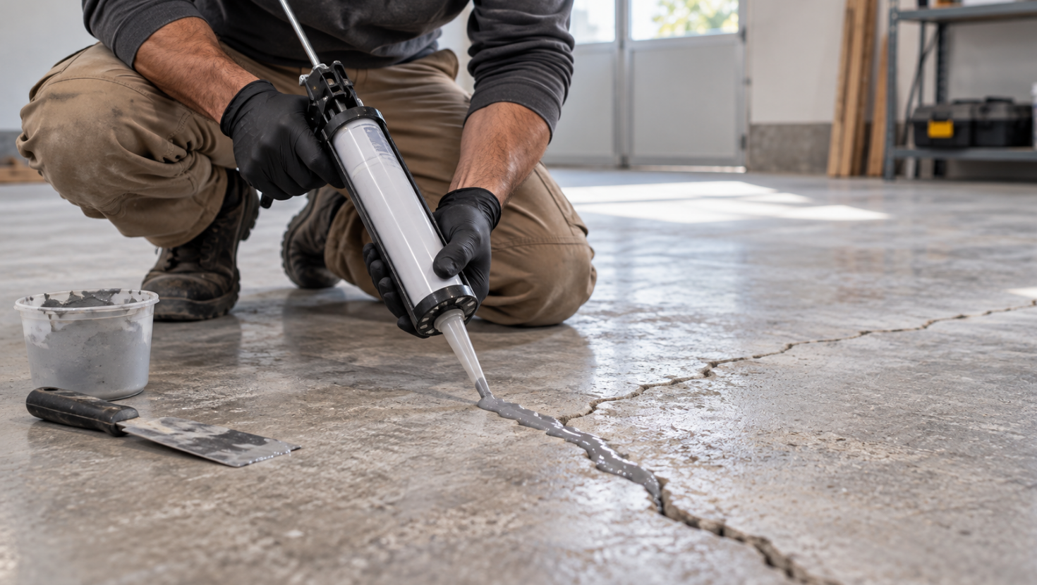 Worker applying epoxy crack repair filler to a concrete floor using an injection gun in an industrial workshop