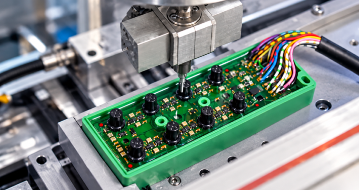 Automated dispensing equipment applying liquid material to a printed circuit board inside an electronic module during precision manufacturing.