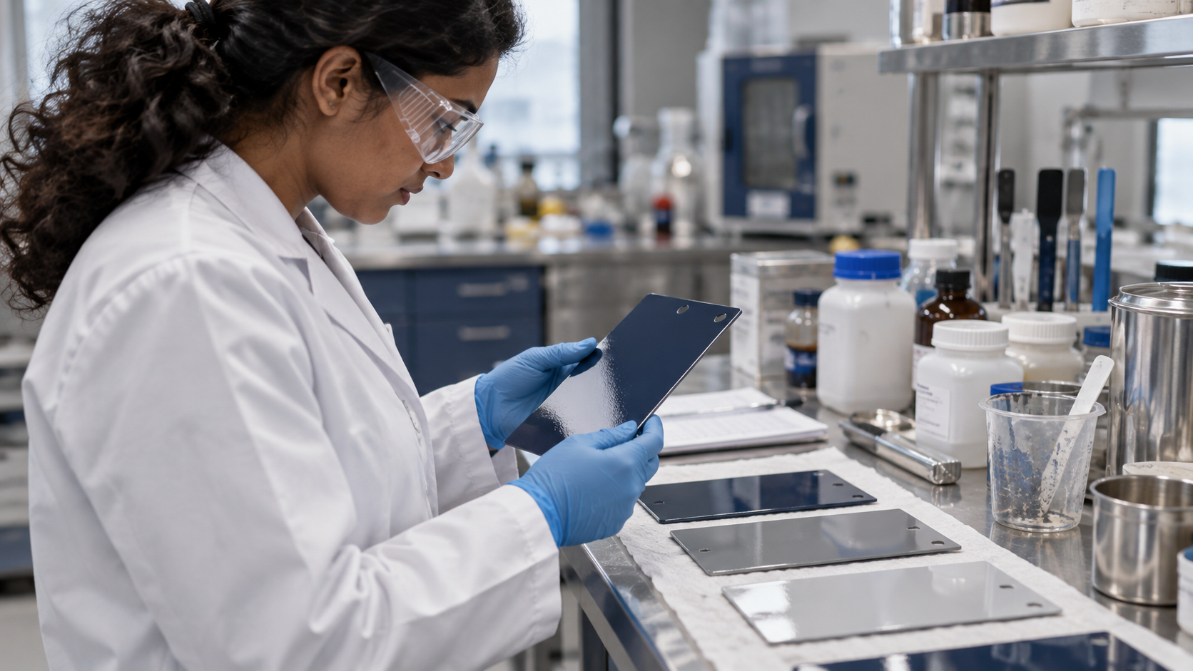 Laboratory technician inspecting epoxy-coated steel test panels for surface finish and coating quality in a specialty chemicals testing laboratory.
