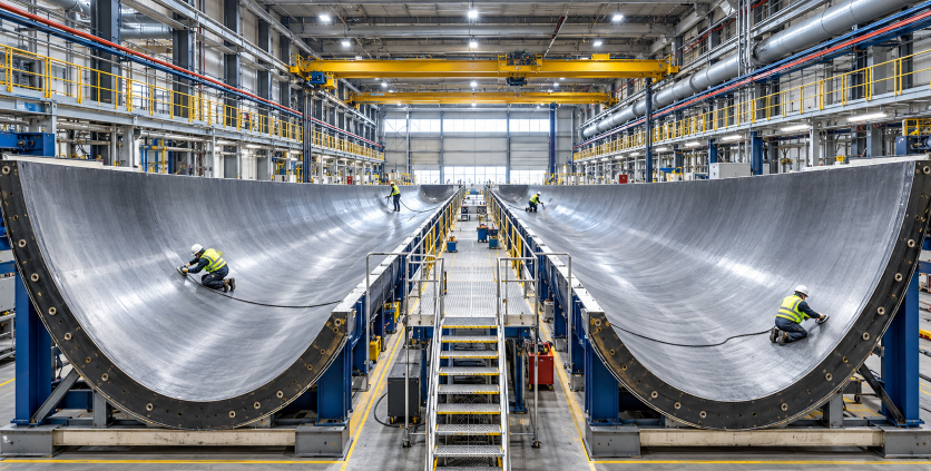 Workers finishing the surfaces of large curved composite molds inside an industrial manufacturing facility.
