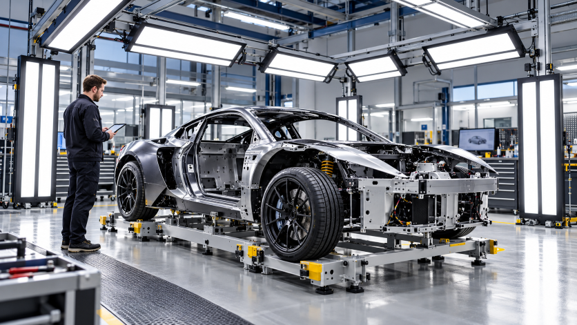 Technician inspecting a lightweight automotive body chassis in a modern vehicle manufacturing and engineering workshop.
