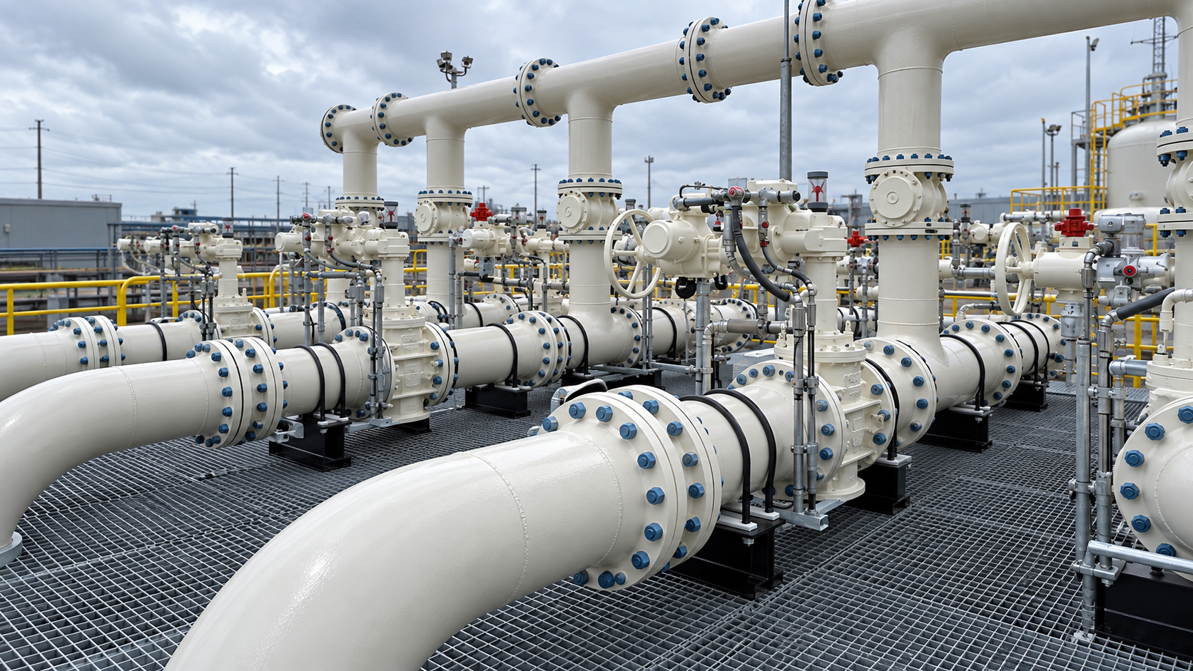 White coated pipelines with bolted flanges and valves at an outdoor industrial facility.