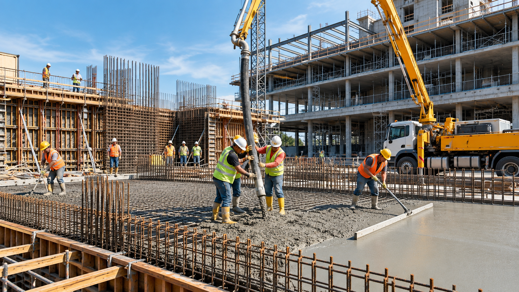 Construction workers pouring and leveling ready-mix concrete using a concrete pump at a reinforced building foundation construction site.