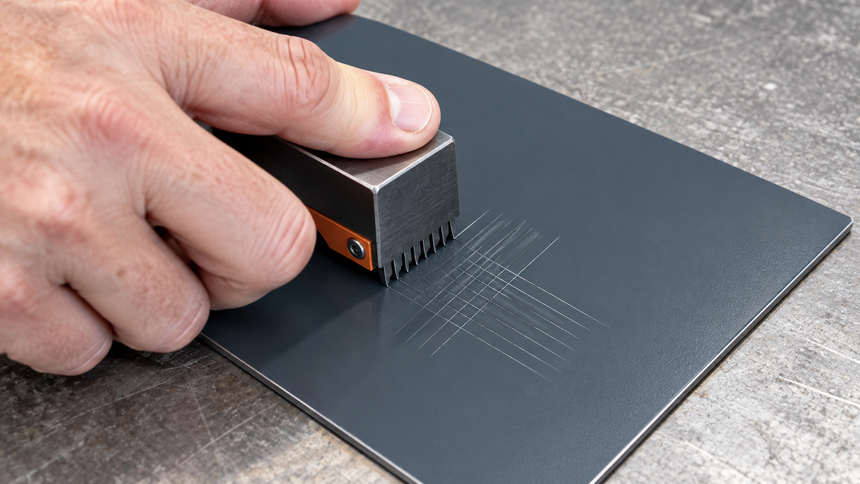 Cross-cut adhesion testing on a gray coated metal panel using a handheld multi-blade cutter.