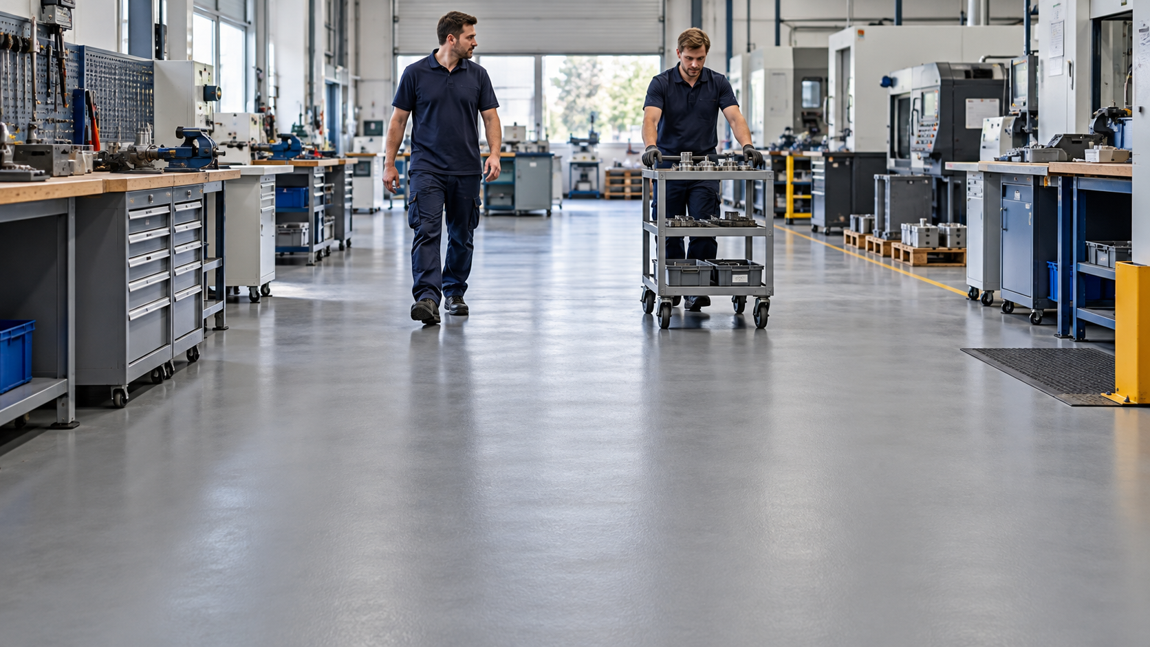 Workers moving a parts trolley along a gray coated floor in an operational workshop.