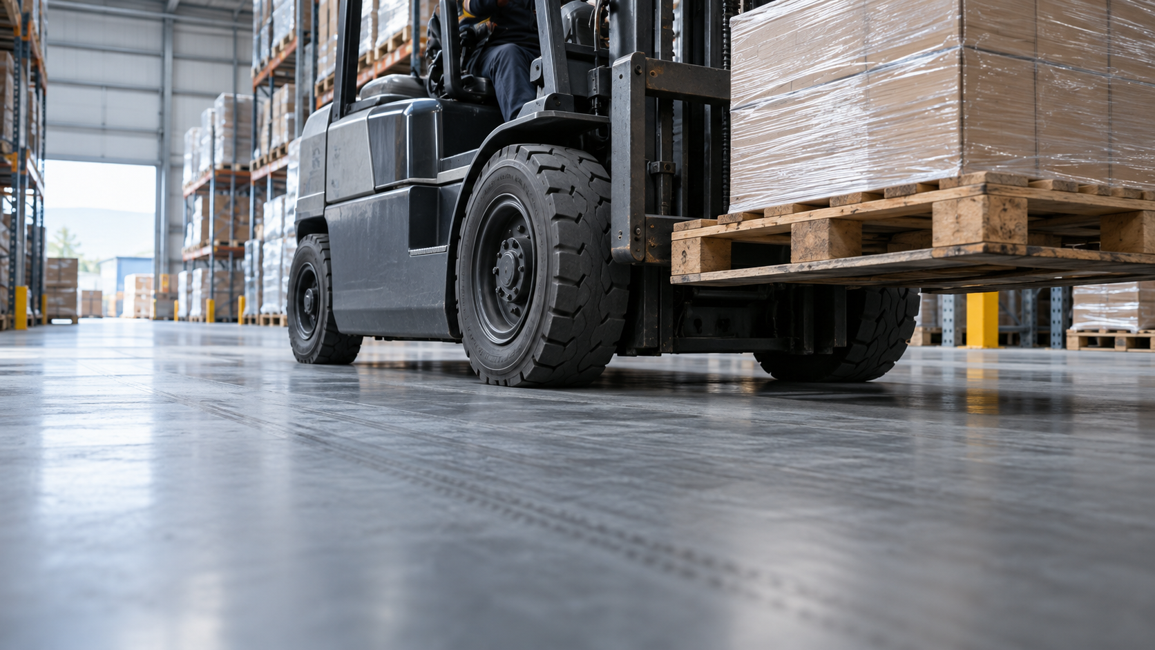 Forklift carrying a loaded pallet across a gray warehouse floor.
