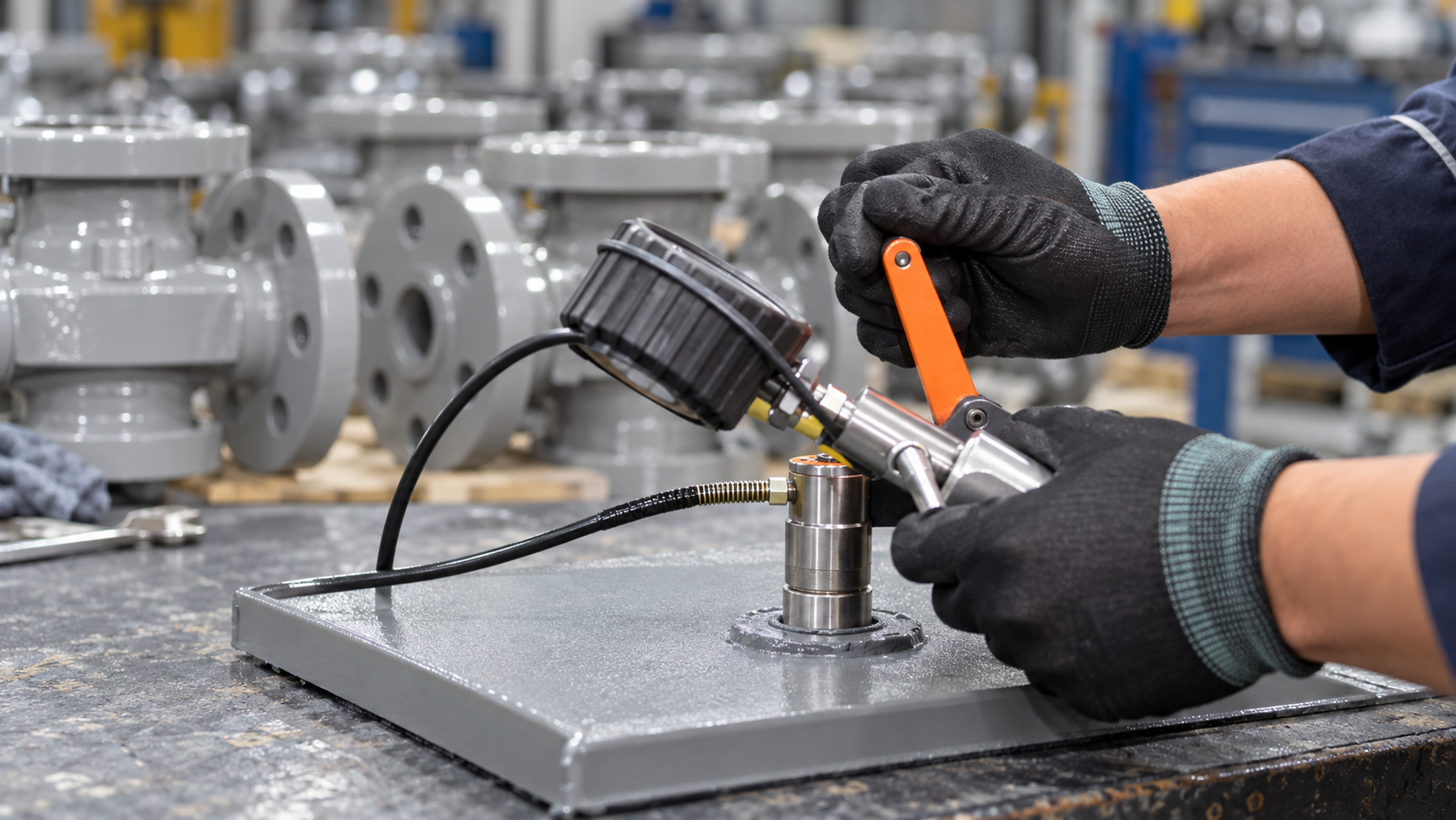 Gloved technician operating a pull-off adhesion tester on a gray coated steel panel.