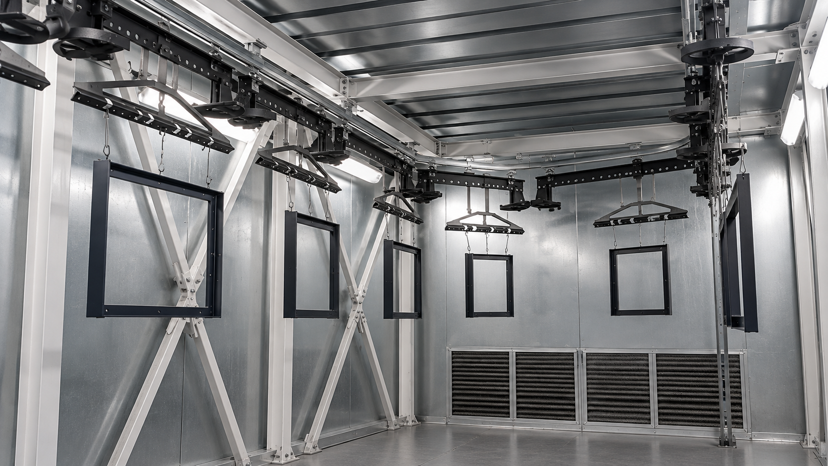 Dark coated metal frames suspended from overhead rails inside an industrial curing chamber.