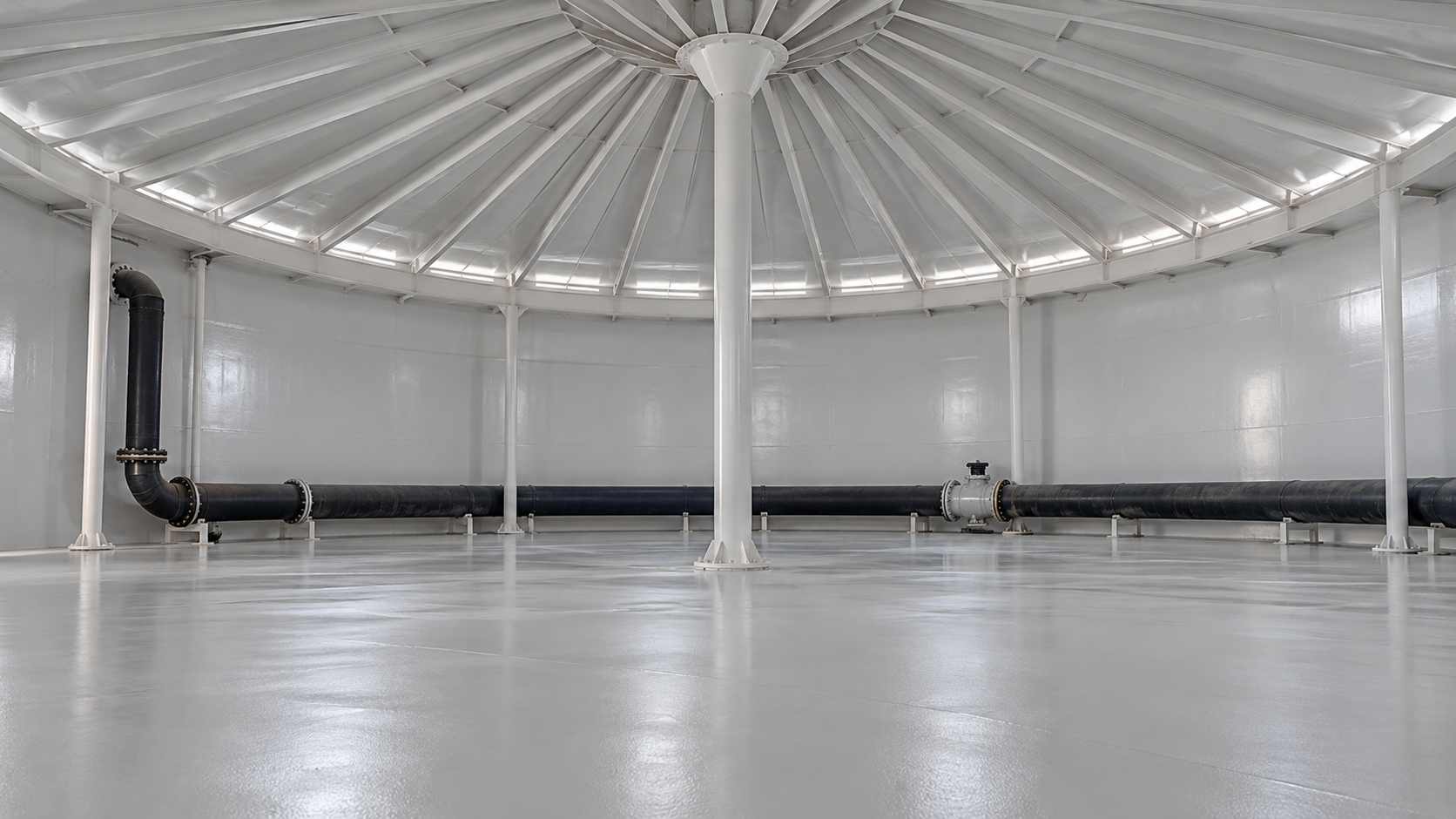 Coated water tank interior with radial roof supports and a large flanged pipe.