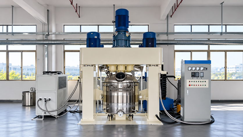 Industrial mixing reactor with stainless steel vessel, overhead motors and control equipment for resin formulation and processing.