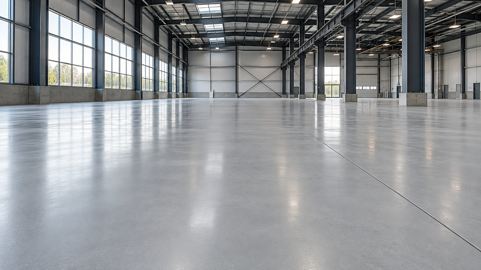 Smooth gray flooring with subtle window reflections inside a spacious industrial hall.