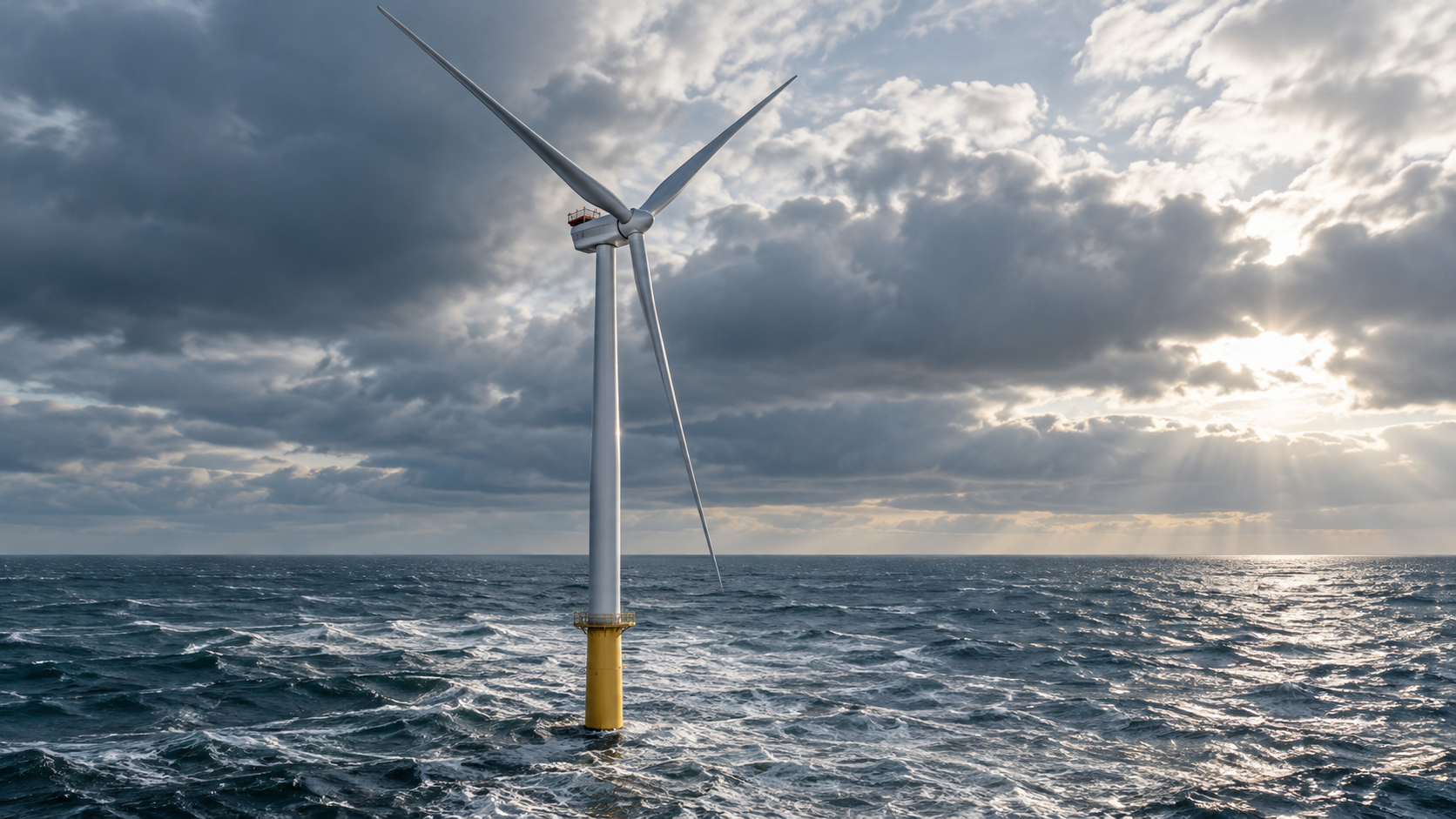 Offshore wind turbine with a protective-coated steel tower and foundation exposed to rough ocean waves and harsh marine weather conditions.