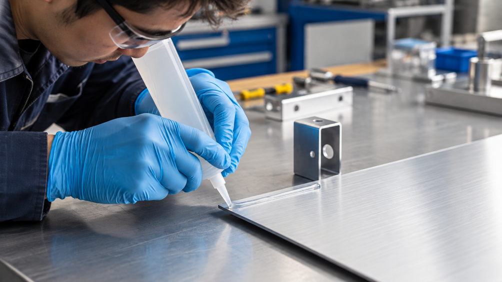 Technician precisely applying epoxy adhesive along the edge of an aluminum panel using a dispensing cartridge in an industrial assembly workshop.