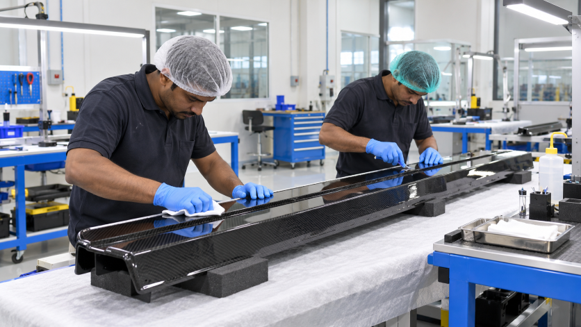 Technicians inspecting and finishing a carbon fiber composite component in a precision manufacturing workshop.