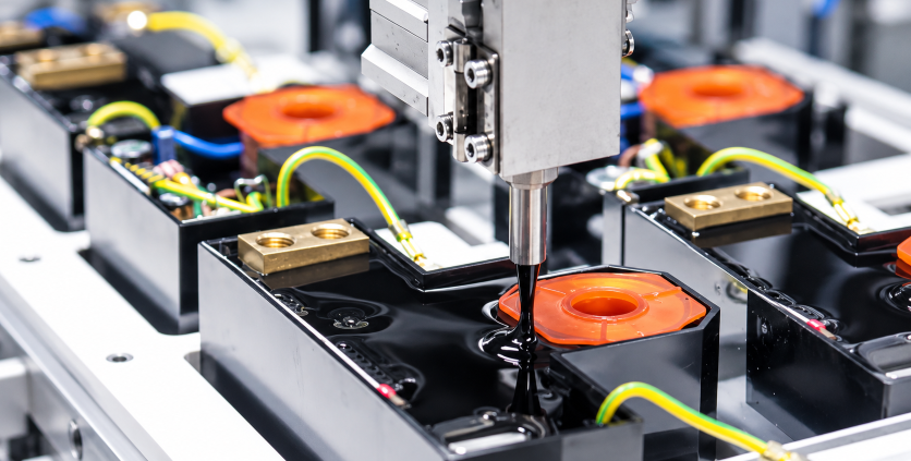 Automated dispensing nozzle applying black potting compound around electrical components inside an electronic module housing.