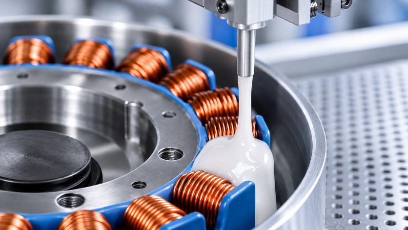 Close-up of white encapsulation resin being dispensed around copper windings in an electric motor stator during electrical insulation processing.