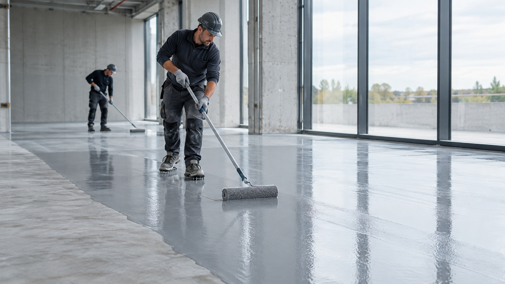 Two installers applying gray floor coating with long-handled rollers.