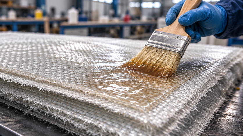Close-up of liquid resin being applied to woven fiberglass reinforcement using a brush during composite hand lay-up.