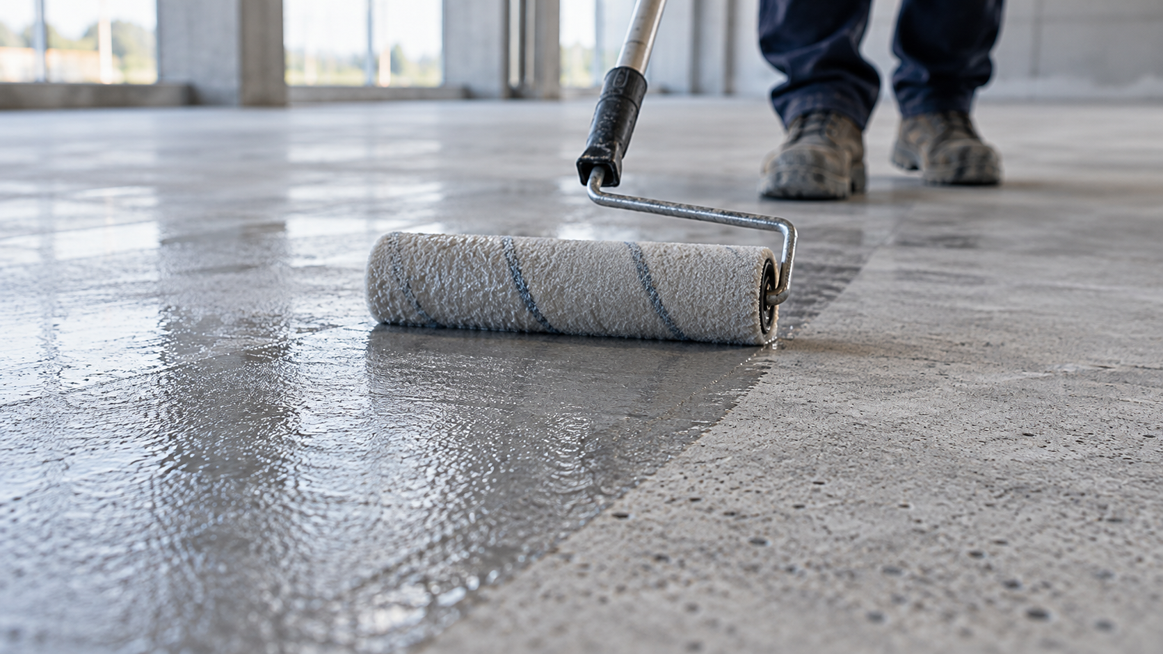 Roller applying a clear coating to prepared concrete flooring.