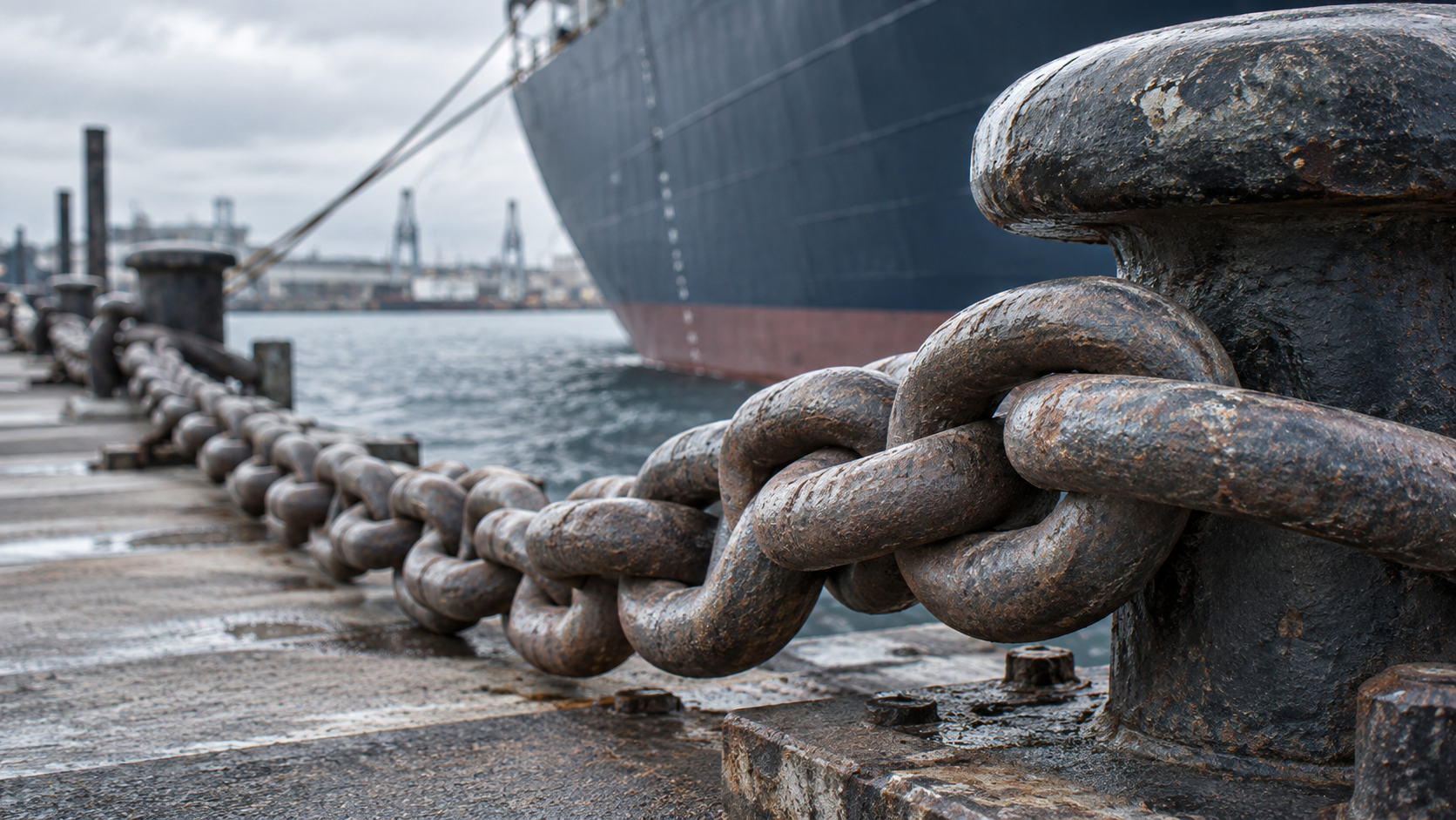 Close-up of rusted steel mooring chains wrapped around a weathered bollard on a harbor dock, with a large cargo ship and industrial port in the background, illustrating marine corrosion and harsh coastal environments.