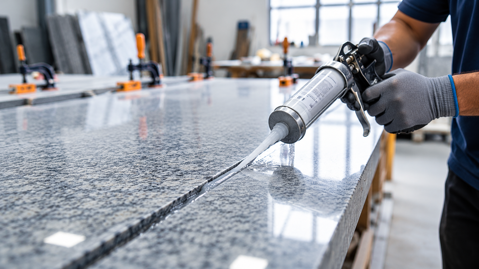 Worker applying epoxy stone adhesive along a polished granite countertop seam using a dispensing gun in a stone fabrication workshop.