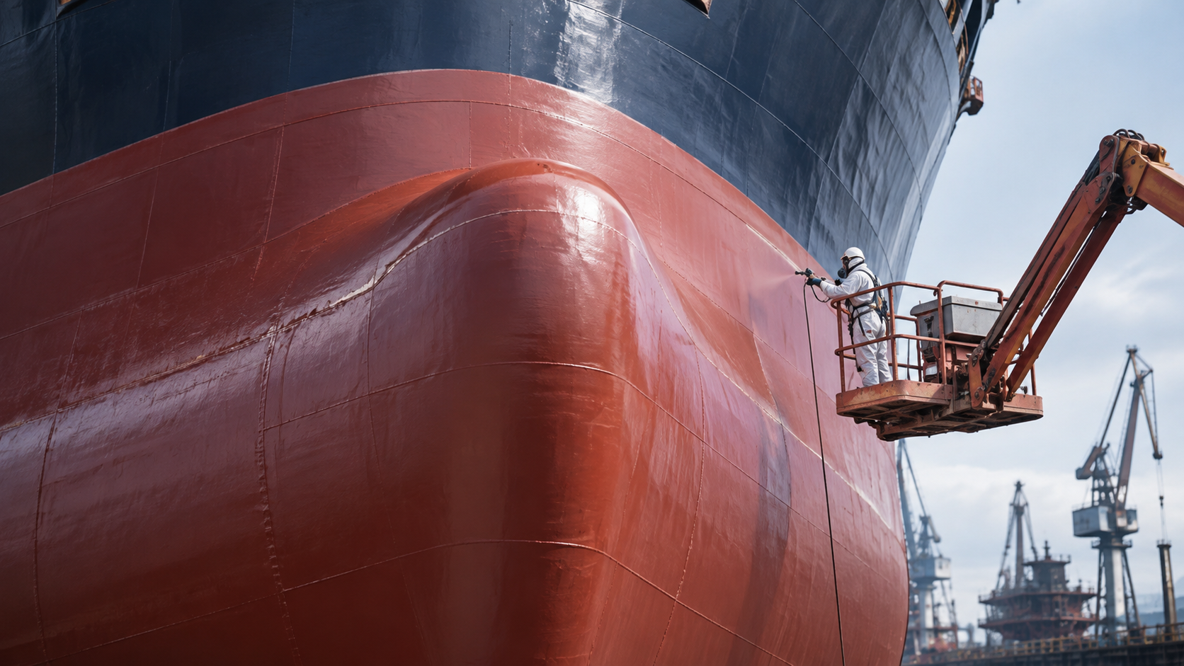Shipyard worker applying protective marine coating to a large steel ship hull using an elevated work platform.