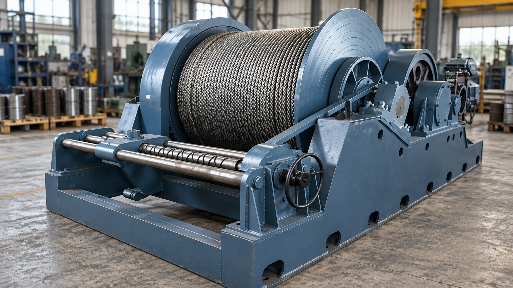 Slate-blue coated industrial winch with a steel wire rope drum and guide rollers in a workshop.