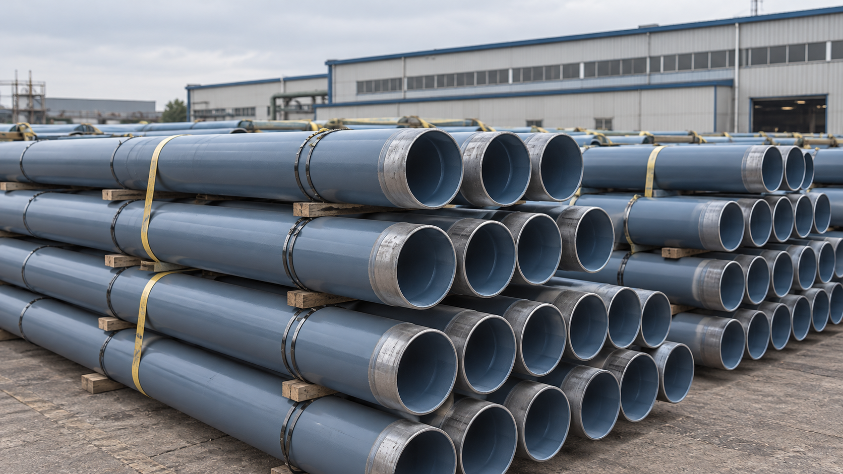 Blue-gray coated steel pipes stacked in an industrial storage yard.