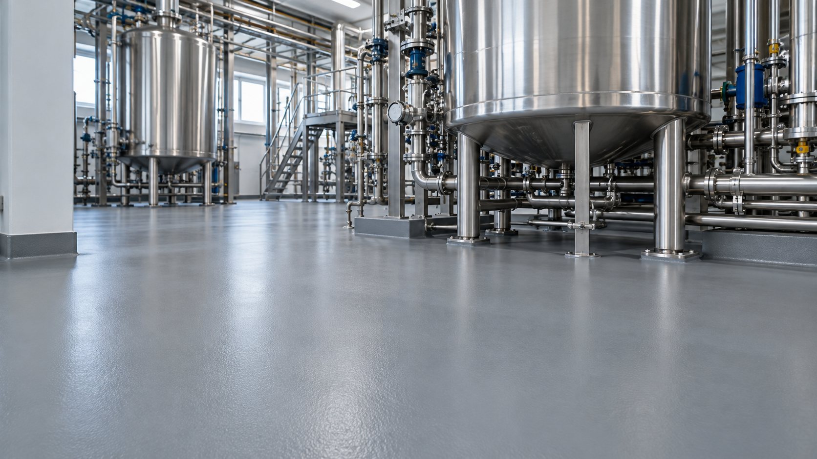 Gray coated flooring beneath stainless steel processing tanks and pipework.
