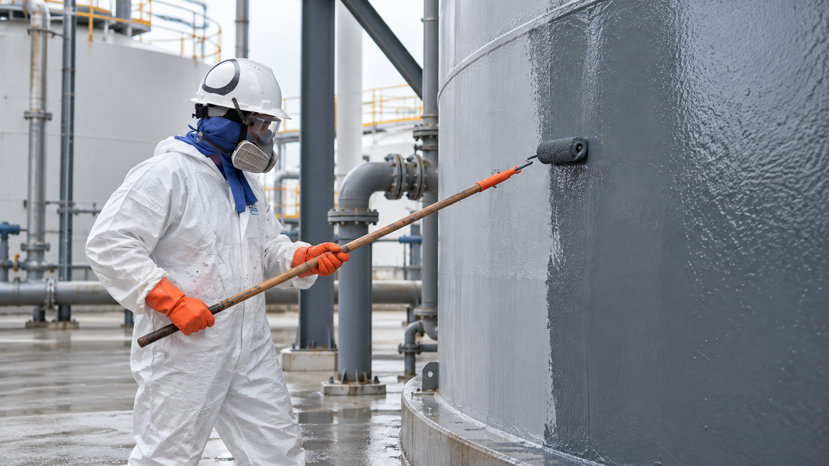 Worker in protective clothing roller-applying gray coating to a storage tank exterior.