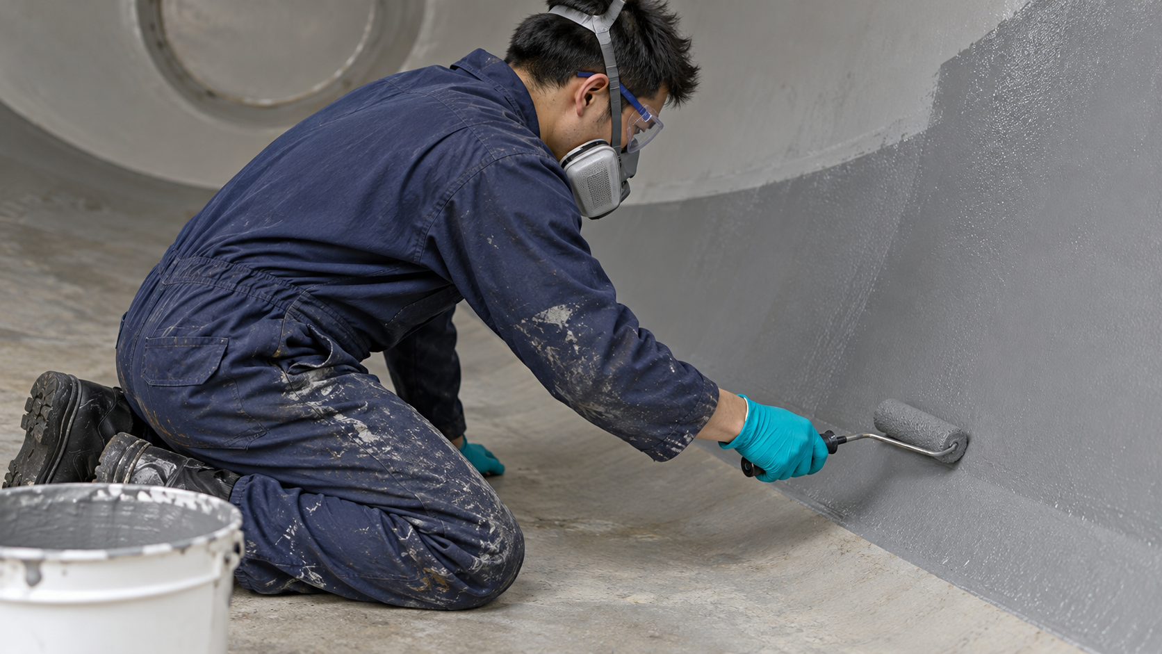 Technician applying gray lining to a curved tank interior with a hand roller.