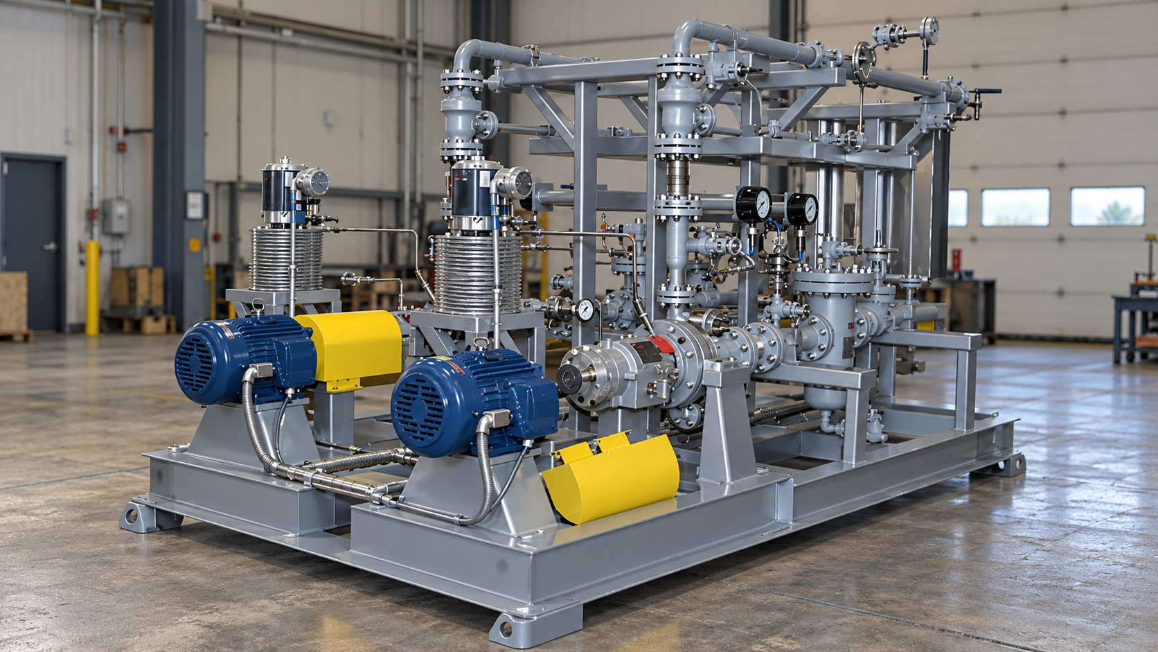 Twin blue pump motors and gray coated piping mounted on a steel skid in an industrial workshop.