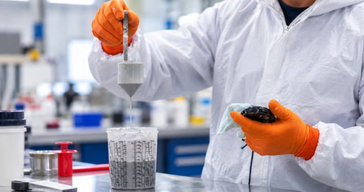 Laboratory technician measuring liquid resin viscosity using a flow cup during composite material testing.