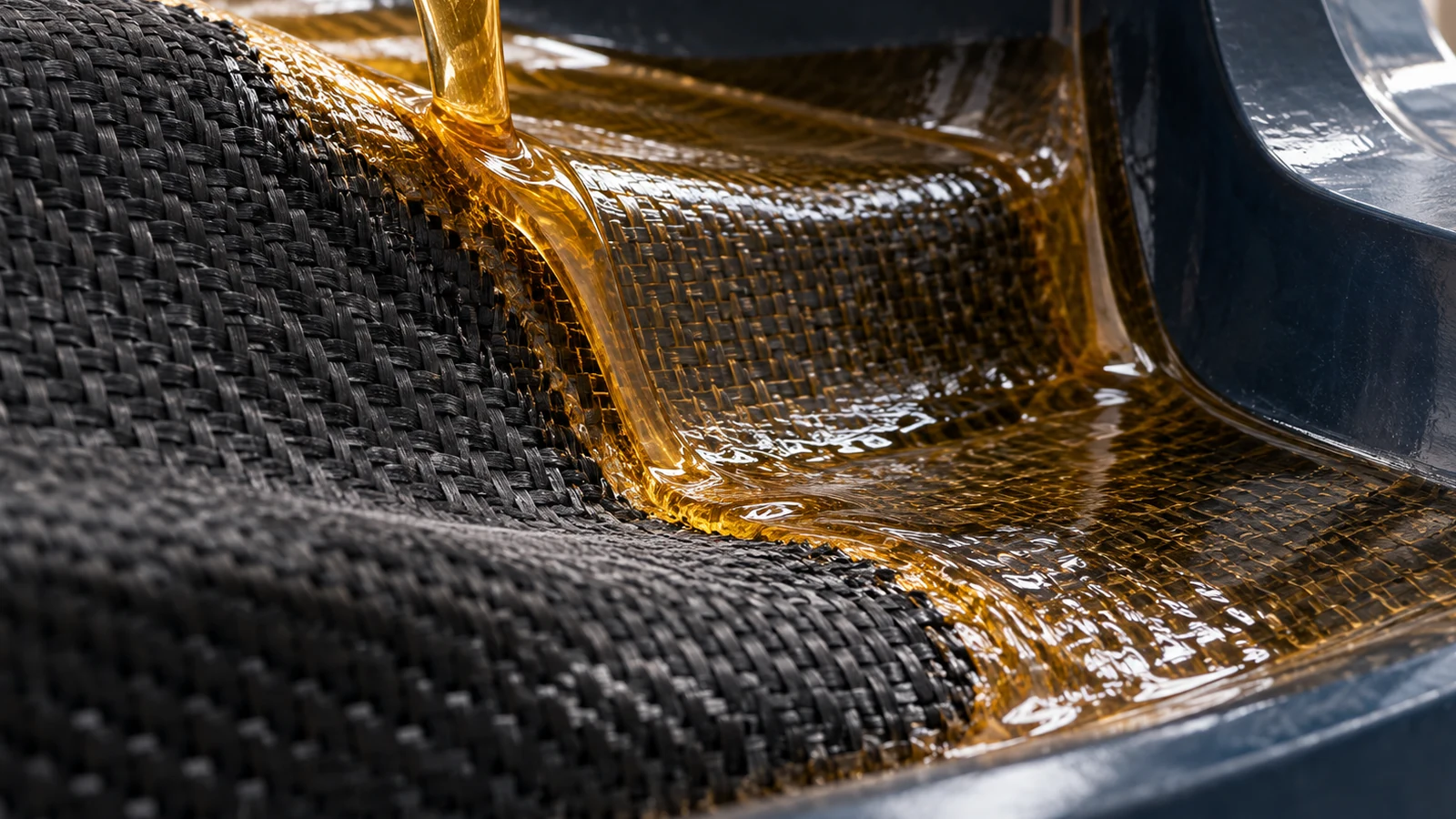 Amber epoxy resin flowing over woven carbon fiber fabric inside a composite mold during automotive component manufacturing.
