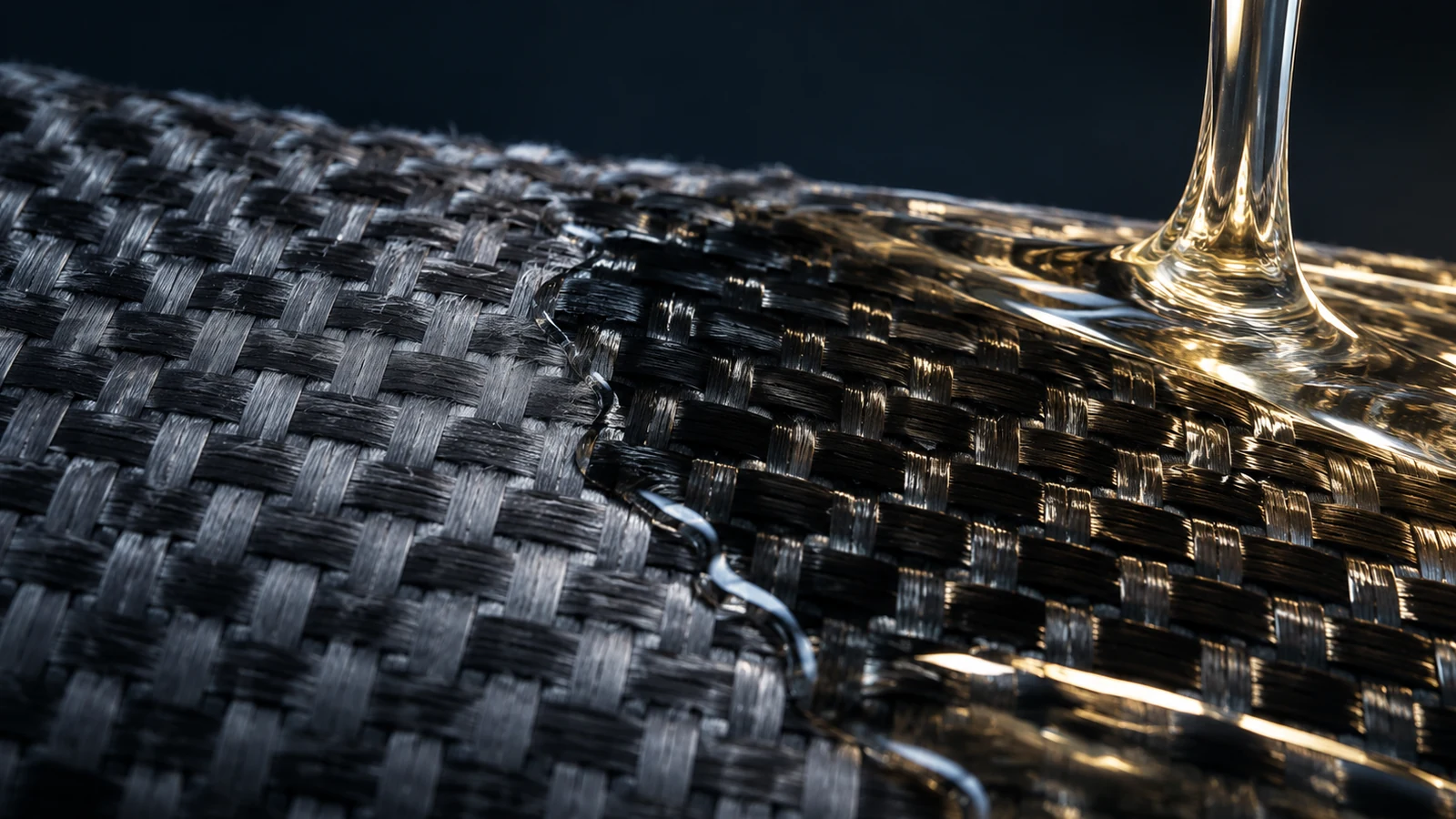 Close-up of liquid epoxy resin saturating woven carbon fiber reinforcement during composite lamination.