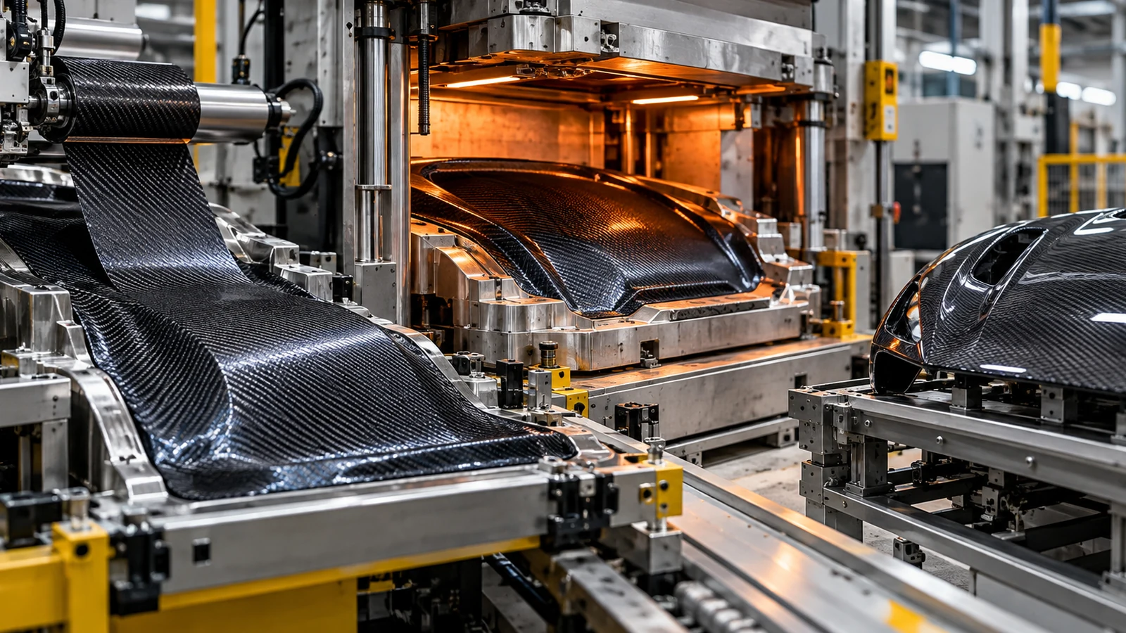 Automated compression molding equipment forming carbon fiber composite automotive components in an industrial manufacturing facility.