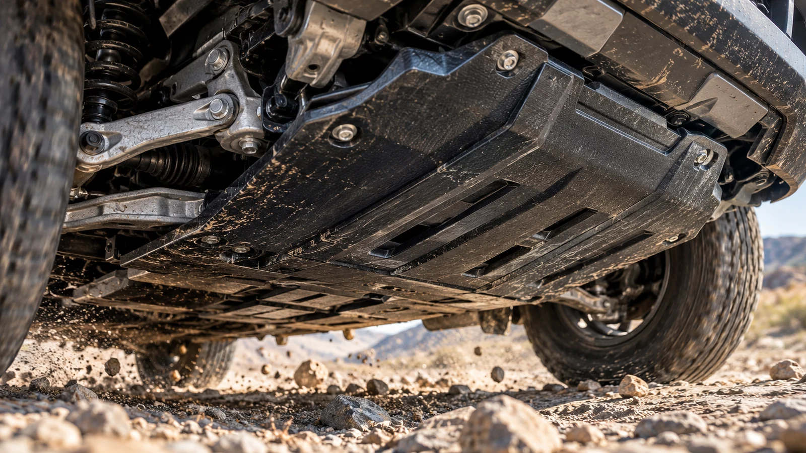 Underside of an off-road vehicle showing protective underbody panels, suspension components, and rugged terrain.