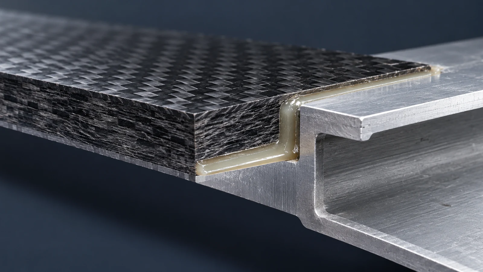 Close-up of a bonded joint between a carbon fiber composite panel and an aluminum structural component.