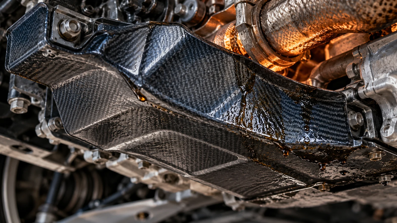 Carbon fiber composite automotive component installed near metal exhaust pipes and high-temperature engine parts.