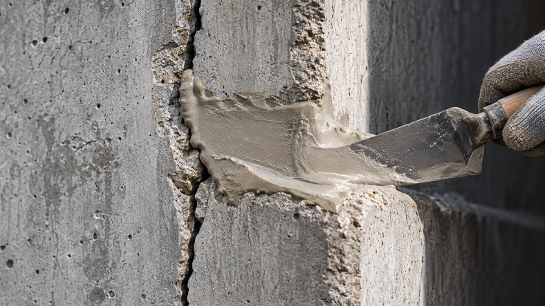 Worker applying concrete repair mortar to a damaged concrete wall using a trowel, demonstrating controlled application and workability.