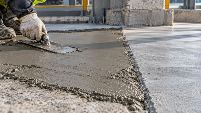 Construction worker spreading and leveling concrete repair mortar on an industrial floor using a steel trowel.