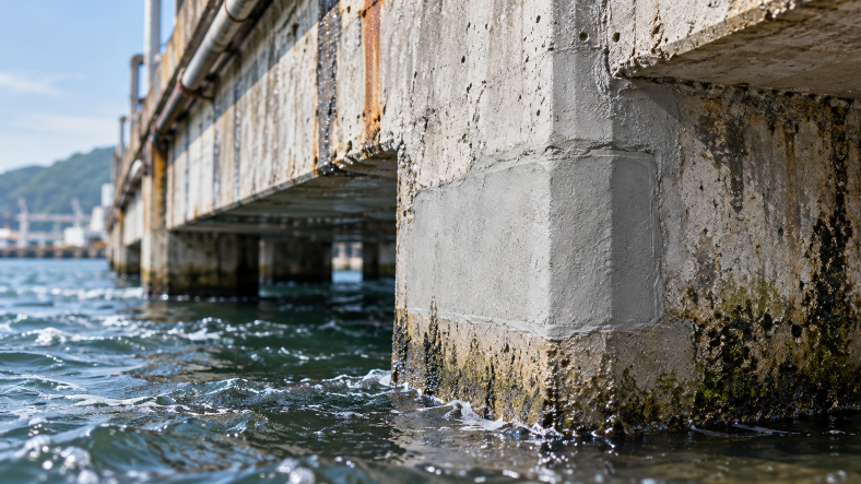 Repaired concrete bridge pier exposed to water and harsh environmental conditions, highlighting long-term durability and moisture resistance.