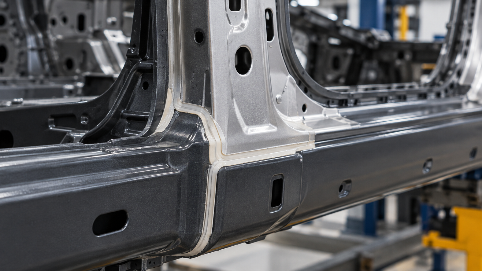 Close-up of automotive body frame joints bonded and sealed with structural adhesive to provide mechanical strength in vehicle assembly.