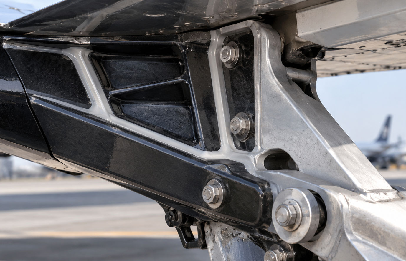 Close-up of an aircraft structural joint with adhesive-bonded composite panels and metal fittings, highlighting toughness and impact resistance in aerospace applications.