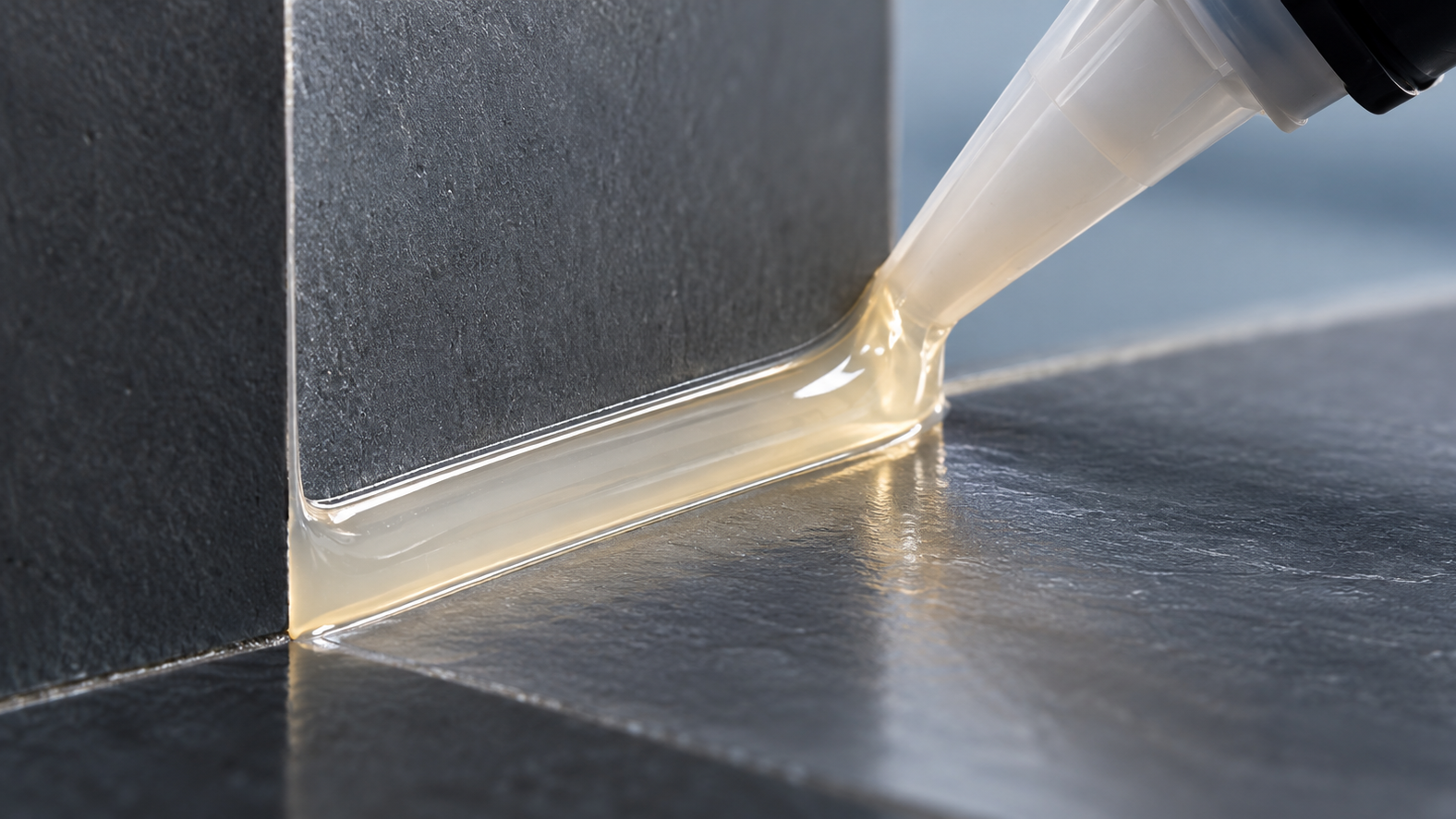 Close-up of controlled epoxy structural adhesive dispensing along a metal joint, demonstrating precise application and viscosity control.