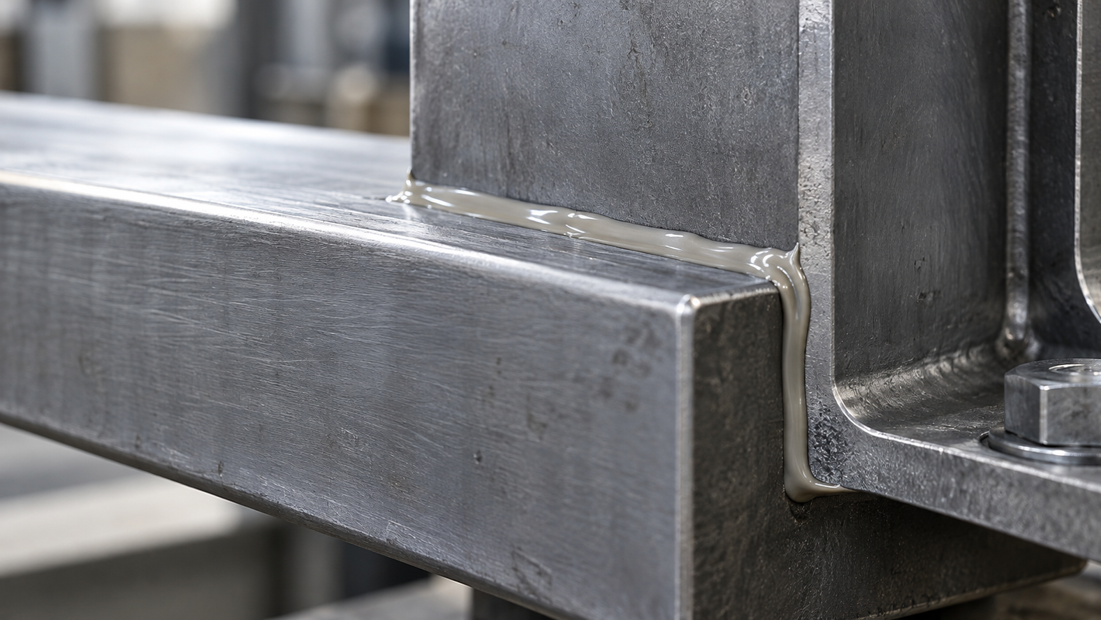 Close-up of epoxy structural adhesive applied along a steel beam joint with a bolted metal bracket during industrial assembly.