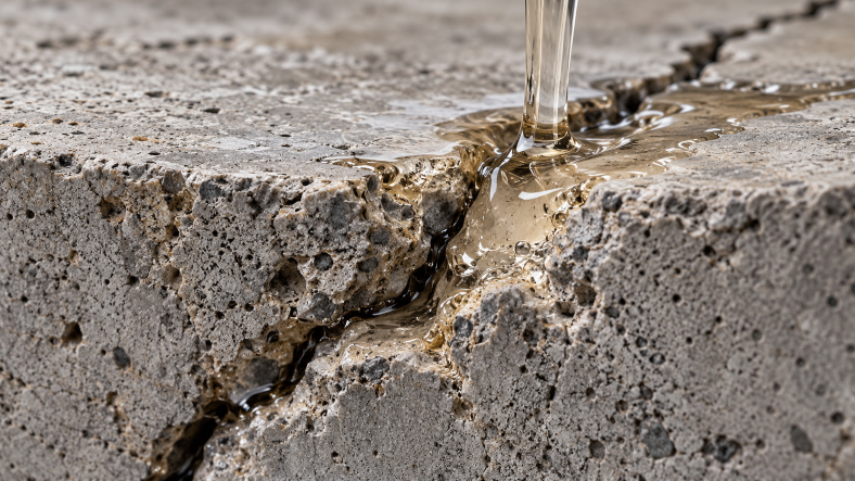 Close-up of liquid epoxy resin filling a damaged concrete joint, illustrating concrete bonding and adhesion in structural repair applications.