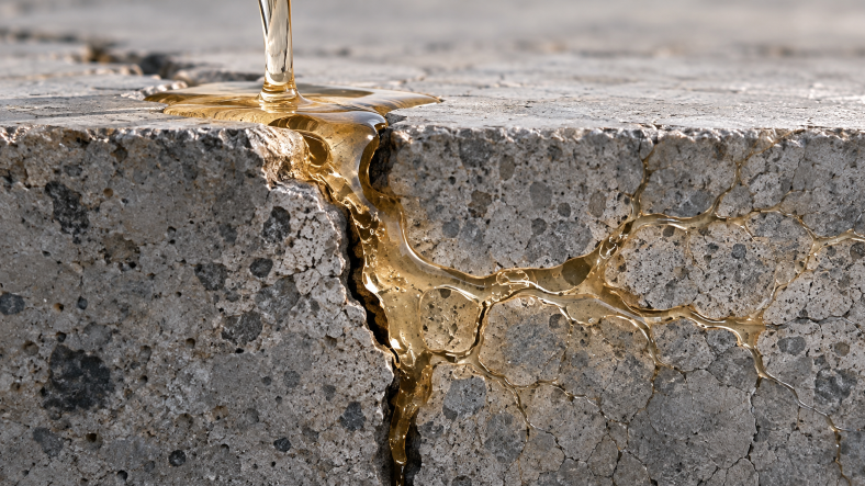 Low-viscosity epoxy injection resin flowing into deep cracks and fine pores of damaged concrete for structural crack repair.