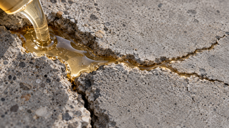 Close-up of controlled epoxy resin application into concrete surface cracks, demonstrating precise flow and penetration for concrete repair.