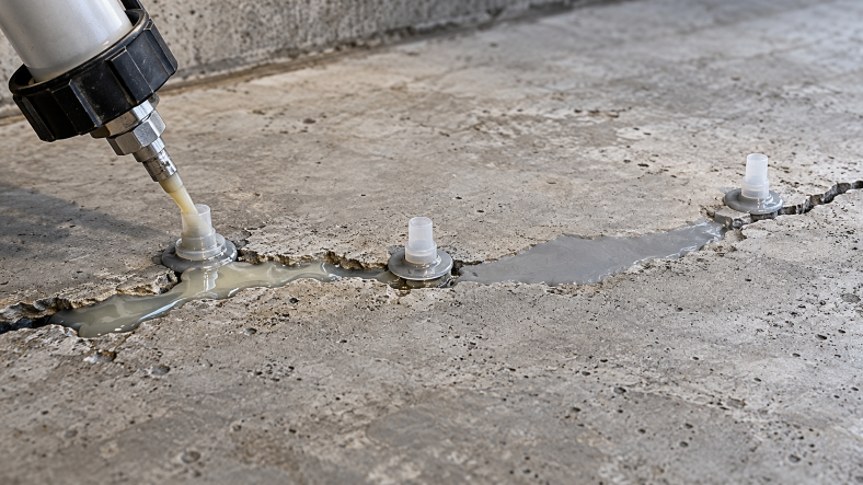 Epoxy crack injection process using a dispensing gun and injection ports to fill and repair cracks in a concrete floor.